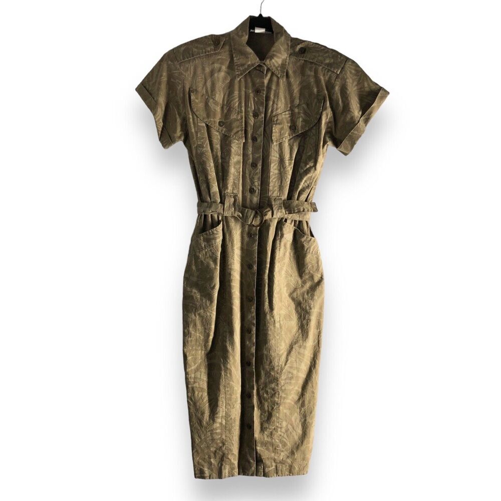 Vintage Dawn Joy‎ Fashions Size 11/12 Belted Button Up Safari Retro Midi Dress
